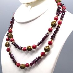 Art Deco Garnet Show Stopper Vintage Necklace, Filigree Beads And Deep Red Tumbled Chips On A Long Strand Description * Deep Red Burgundy Tumbled Garnet Chips Are Accentuated By Red And Gold Beads (Plastic) And Antique Gold Tone Filigree Balls. Hook Closure. This Long Necklace Is An Art Deco Show Stopper! Measurement * 31-1/2" Long Condition * Very Nice Condition. Gently Used. Red Burgundy, Accessories Jewelry Necklace, Garnet Gemstone, Red And Gold, Women Accessories Jewelry, Vintage Art Deco, Gold Beads, Deep Red, Vintage Necklace