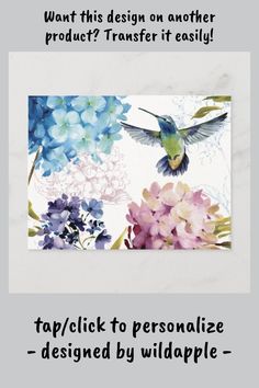 a hummingbird flying over flowers with the words tappick to personalize designed by wildapple