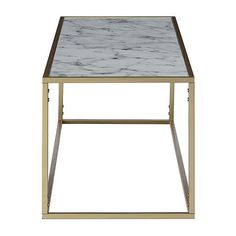 a white marble top coffee table with gold metal frame and square legs on an isolated white background