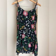 Never Worn - Floral Sundress With Gorgeous Detail Spring Black Printed Sundress, Black Printed Sundress For Spring, Black Sleeveless Floral Dress For Vacation, Black Floral Print Summer Sundress, Casual Black Printed Sundress, Black Printed Summer Sundress, Black Floral Print Summer Dress, Black Fitted Floral Summer Dress, Casual Black Sleeveless Floral Dress