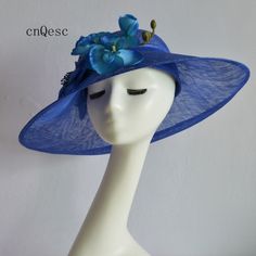 Large brim sinamay hat with sinamay flower Size: L45cm x W38cm Head size: 56.5cm also with elastic to adjust it to be smaller Ideal for wedding/party/races/church Big hat only send by EMS(don't send it by regular parcel in case any damage),EMS costs 5-12 working days to most of the countries.Suggest to buy one week earlier at least to make sure it can arrive in time. Every hat is well inspected before shipment,no return accepted.Thanks for your supports. Summer Sinamay Fascinator For Races, Summer Formal Sinamay Fascinator, Summer Party Top Hat Made Of Sinamay, Spring Royal Blue Mini Hats, Blue Brimmed Fascinator For Church, Blue Sinamay Hat For Summer, Blue Summer Wedding Costume Hats And Headpieces, Summer Event Hats In Sinamay, Blue Costume Hats And Headpieces For Summer Wedding