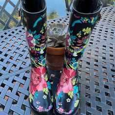 Excellent Condition, Hip And Fun. Good For Rain, Snow Or Sun. Black Outdoor Boots For Spring, Black Spring Outdoor Boots, Casual Black Rain Boots, Black Round Toe Rain Boots For Spring, Winter Rain, Black Floral, Rain Boots, Women Shoes, Fashion Outfits