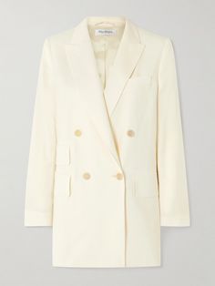 Max Mara's 'Elegia' blazer is impeccably tailored from ivory wool in a classic double-breasted design with padded shoulders and peak lapels. Cut for a slightly loose fit, it has three flap pockets, giving it a subtle distinction from traditional styles, and is fully lined for smoothness. Wear yours with the coordinating shorts and a collared shirt. Elegant Wool Blazer Dress With Double Button Closure, White Wool Suit For Work, Elegant Double-breasted Wool Blazer, Classic White Wool Suit, Elegant Double Breasted Cream Suit, Elegant Cream Double Breasted Suit With Suit Collar, Classic Tailored Cream Blazer, Classic Beige Double Breasted Suit, Cream Wool Blazer For Office