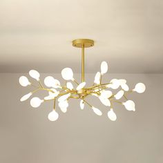 a chandelier hanging from the ceiling in a room with white walls and flooring