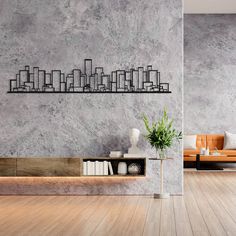 a living room filled with furniture and a large wall mounted book shelf next to a couch