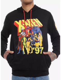 Fate lies in your hands now! Join the best mutant team around in this X-Men '97 hoodie! Featuring a group shot depicting Cyclops, Jean Grey, Storm, Rogue, Wolverine and the rest of team. Oh, and Magneto, of course. Comes with a drawstring hood, front pockets and their logo printed on the left sleeve. Hooded Team Logo Top For Streetwear, Hooded Team Logo Streetwear Top, Hooded Tops With Team Logo For Streetwear, Hooded Streetwear Tops With Team Logo, Sporty Hoodie Sweatshirt With Character Print, Throwback Team Logo Hooded Hoodie, Throwback Team Logo Hoodie, Hooded Character Print Top For Streetwear, Hooded Top With Character Print For Streetwear