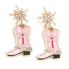 Western Style Cowgirl Boot Earrings With Pearl Accents Pink These Adorable Cowgirl Boot Earrings Feature Pink Enamel Boots With Pearl And Rhinestone Detailing And A Pearl Star / Snow Flower Dangle Accent Pearl, Beaded, Cowboy Boot, Drop, Dangle, Earrings, Shiny, Rhinestones, Crystal, Pearl, Star, Boot Earrings Western, Southwest, Boho, Bohemian, Beaded Western Earrings, Cowboy, Concert, Weekend, Festival, Line Dancing Cowgirl Christmas, Boot Earrings, Pink Cowboy Boots, Pink Cowgirl Boots, Western Bling, Glam Earrings, Pink Cowgirl, Western Earrings, Studded Boots