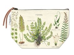 ferns and other plants are depicted in this zippered pouch