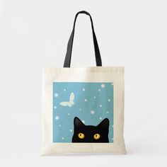 Black Cat and Snow Butterfly Tote Bag #catlovers #catgifts #ilovemycat #totebags #greetingcards Black Tote Bag Painting Ideas, Snow Butterfly, Bag Painting Ideas, Diy Tote Bag Design, Butterfly Tote Bag, Desain Tote Bag, Bag Painting, Tods Bag, Canvas Cosmetic Bag