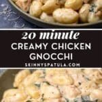 two pictures with the words 20 minute creamy chicken gnocchi