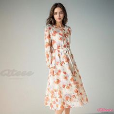 Qteee - Floral Maxi Dress with Long Sleeves - Womens Full-Length Chiffon Dress Maxi Dress With Long Sleeves, Dress Elegant Long, Womens Long Dresses, Maxi Dress For Women, Full Length Gowns, Dress With Long Sleeves, One Piece Outfit, Floral Print Maxi Dress, Cotton Midi Dress