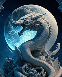 a white dragon sitting in front of a full moon