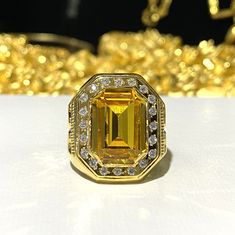 Vintage 15K Gold Citrine & White Topaz Ring ...Marked 610 and tested 15K Gold...Total of weights 5.6grams...Size 8.5...Measure of Face 21MM...It's in very good condition. Gia Certified Gold Topaz Ring, Yellow Octagon Wedding Ring, Gold Octagon Citrine Ring, Gia Certified Yellow Sapphire Rings As Gift, Gold Citrine Ring With Halo Setting, Gia Certified Yellow Gold Topaz Ring As Gift, Yellow Topaz Ring With Halo Setting For Anniversary, Gold Citrine Rings With Halo Setting, Gia Certified Yellow Sapphire Rings