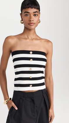 endless rose Striped Strapless Top | Shopbop Chic Strapless Top With Buttons, Fitted Strapless Top With Button Closure, Chic Strapless Top With Button Closure, Fitted Strapless Top With Buttons, Fitted Striped Strapless Top, Fitted Strapless Striped Top, Fitted Summer Tube Top With Buttons, Chic Tube Top With Button Closure, Chic Fitted Tube Top With Buttons