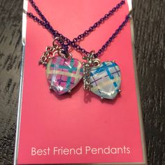 Puffy Plaid Hearts One Having A “Best” Charm And The Other Having A “Friends “ Charm In Silver Tone. Pendants Are Approximately 7/8” Long X 3/4” Wide. Chains Are Purple. I Can’t Measure These Without Breaking The Seal But My Estimate Would Be 15-17”? Please Note In Order To Receive A Further Discount On These, Please Bundle As I’m Not Able To Discount Single Listings Under $15 Due To Poshmark Minimum Sellers Fees Of $2.95 And Other Sellers Costs. Bundling Also Saves You On Multiple Charges For S Pink Heart Necklace For Best Friend, 2 Best Friends, Purple I, Heart Necklaces, Kids Accessories Jewelry, Girl Jewelry, Heart Necklace, Kids Accessories, Pink Blue