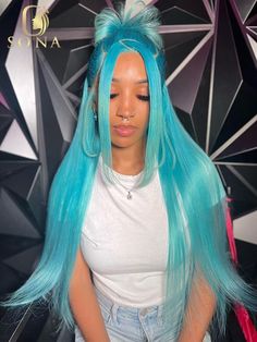 13x6 Light Blue Straight Lace Front Human Hair Wigs Lake Blue Body Wave 13x4 HD Transparent Colored Unicorn Hair Color, Green Wig, Lace Front Human Hair Wigs, Straight Lace Front Wigs, Hair Color Blue