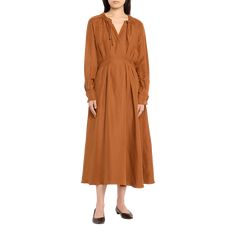 Max Mara "Drina" maxi dress features a cinched neckline with knotted drawstrings  V-neckline Pleated front Long sleeves; button cuffs  Full length A-line silhouette Flax/silk Made in Poland Pleated Maxi Dress, Pleated Maxi, Bergdorf Goodman, Max Mara, Poland, Full Length, Tops Designs, Long Sleeves, Maxi Dress