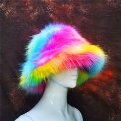 Fluffy Hats, Rave Hats, Bucket Hat Winter, Fuzzy Bucket Hat, Fun Hats, Fluffy Bucket Hat, Rainbow Plush, Fur Bucket, Faux Fur Bucket Hat