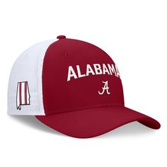 Stay shaded in Alabama Crimson Tide spirit with this Primetime Rise City Trucker hat from Nike. It features bold graphics across the front and state patch with team color stripes on the side. The mesh panels and snap closure make this trucker a comfortable pick for cheering the Alabama Crimson Tide to a win. Collegiate Adjustable Trucker Hat, Collegiate Style Adjustable Trucker Hat, Adjustable Collegiate Trucker Hat, Team-colored Curved Brim Hat For Fans, Team-colored Hat With Curved Brim For Fans, Collegiate Fitted Cap, Collegiate Fitted Cap For College, Nike Six-panel Hat For Sports Events, White Curved Brim Trucker Hat For College