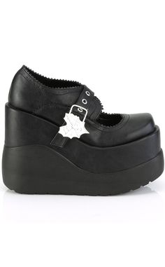 Enter the void! The VOID-38 Mary Janes feature a killer platform wedge, securing with a strap and spiderweb heart buckle. So goth and cute! These babies are your new fave platform staple, tall yet comfy for long hours walking through the abyss. Vegan Black PU upper 5-inch tiered wedge Black wave Spiderweb heart buckle Scallop details Mary Jane style U.S women's sizing-refer to size chart for more info Heart Shaped Spider Web, Demonia Platforms, Demonia Boots, Vegan Heels, Mary Jane Platform Shoes, Alternative Shoes, Mary Jane Wedges, Demonia Shoes, Festival Shoes