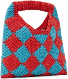 Crocheted acrylic top handle bag in red and blue. · Check pattern throughout · Rolled carry handle · Leather logo patch at face · Unlined · H6 x W9.5 x D0.75 Supplier color: Red/Blue Red Shoulder Bag With Round Handle For Shopping, Red Rectangular Crochet Bag With Handles, Red Crochet Shopping Bag With Handles, Red Square Crochet Bag For Everyday, Red Square Crochet Bag For Daily Use, Diamond Crochet, Blue Check, Leather Logo, Handle Bag