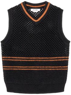 black cotton crochet stripe detailing ribbed trim V-neck sleeveless straight hem Mens Knitted Vest, Knitted Vest, Cotton Vest, City Dress, Outerwear Vest, Crochet Vest, Knitted Tops, Men's Knit, Mens Vest