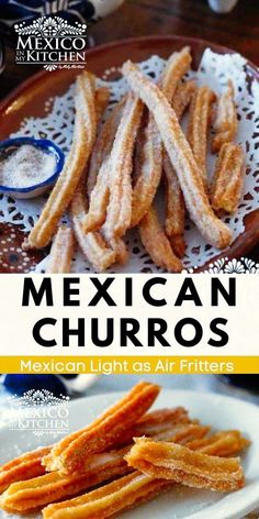 mexican churros on a plate with salt and pepper