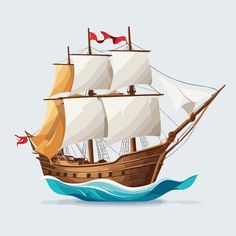 an old sailing ship with white sails and two red flags on it's mast