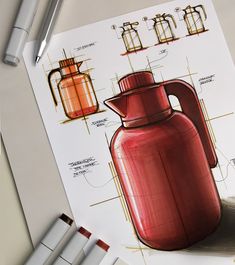 a drawing of a red jug on top of a table next to markers and pens