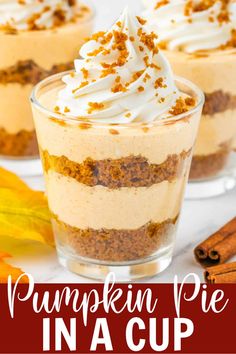 pumpkin pie in a cup with whipped cream and cinnamon sprinkles on top