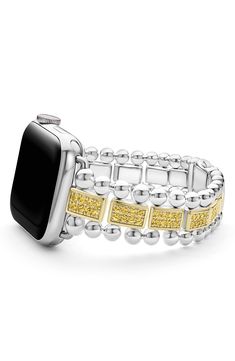 Turn your Apple Watch into a piece of fine jewelry with this band featuring 18-karat gold, sterling silver, yellow sapphires and signature Caviar beading. Apple Watch not included Fits 38 through 45mm Apple Watch Compatible with Series 1–9 Apple Watch Sterling silver/18k gold/yellow sapphire Imported Luxury Adjustable White Gold Apple Watch Band, Luxury Silver Band Jewelry, Adjustable Yellow Gold Watch Bands For Gift, Yellow Gold Watch Bands For Gifts, Luxury White Gold Watch Bands For Gift, Luxury White Gold Band Jewelry, Luxury White Gold Apple Watch Band With Bracelet Strap, Luxury Adjustable Yellow Jewelry, Luxury Yellow Gold Apple Watch Band