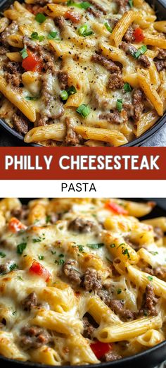 Philly Cheesesteak Pasta Healthy Philly Cheese Steak Pasta, Crockpot Philly Cheese Steak Pasta Casserole, Philly Cheese Steak Alfredo Pasta, Crock Pot Philly Cheese Steak Pasta, Meals With Shaved Steak, Philly Cheese Steak Bake, Cheese Steak Pasta Recipes, Philly Cheesesteak Pasta Ground Beef, Philly Cheesecake Pasta