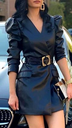 Faux Leather Dress, Black Long Sleeve Dress, Black Dresses Casual, Patchwork Dress, Looks Chic, Trend Fashion, Long Puff Sleeves, Common Sense, Leather Dress