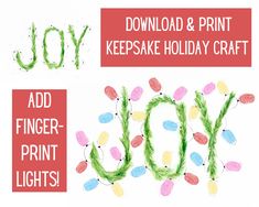 the word joy is made out of yarn and decorated with christmas lights, surrounded by handmade letters