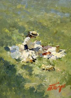 an oil painting of a person laying in the grass with hats on their heads and feet