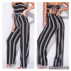 Striped Jumpsuit Lined For Coverage Strapless Neckline Cut Out Back Detail Back Tie Wide Leg Fabric Content Fabric: 97% Polyester 3% Elastane Lining: 100% Polyester Label Will Say Numerical Size= Us Size 2= Xs Us Size 4 = S Us Size 6= M Us Size 8= L Us Size 10=Xl Casual Bandeau Strapless Jumpsuit For Beach, Black Bandeau Jumpsuits And Rompers For Summer, Black Bandeau Jumpsuits For Summer, Casual Bandeau Strapless Jumpsuit For Day Out, Black Bandeau Strapless Jumpsuit For Spring, Black Bandeau Jumpsuits And Rompers For Spring, White Bandeau Strapless Jumpsuit For Summer, Chic Black Strapless Jumpsuit For Beach, Black Strapless Jumpsuit For Summer Beach Outing