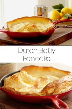 dutch baby pancake in a red cast iron skillet