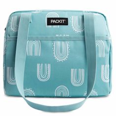 a blue lunch bag with cactus print on it