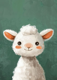 a painting of a white sheep with brown ears and black eyes on a green background