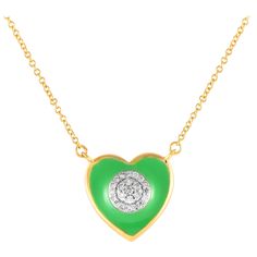 A green heart is said to symbolize gratitude and growth. Get this LB Exclusive heart necklace with a green enameled heart pendant for yourself, or someone you care about, to celebrate a new beginning or the achievement of a goal. This lovely piece features a dainty chain with a lobster clasp and a 0.5 heart pendant. At the center of the pendant is a concentric cluster of shimmering diamonds.This brand new LB Exclusive 14K Yellow Gold 0.10ct Diamond and Green Enamel Heart Necklace comes with a gift box. Green Heart Necklace, Green Heart, Dainty Chain, A New Beginning, Acrylic Powder, Green Enamel, Heart Necklace, Heart Pendant, Lobster Clasp