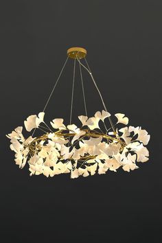 Gingko Chandelier O - SamuLighting Petal Chandelier, Ceramic Chandelier, Ginkgo Tree, Living Room Den, Staircase Lighting, Ceramic Light, Light Sculpture, Installation Design, Brass Lamp