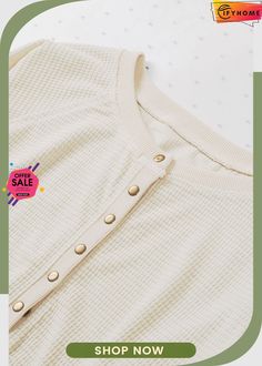 Beige Snap Button V-neck Waffle Knit Top Spring Button-up Henley With Buttons, Spring Button-up Henley, V-neck Tops With Buttons For Loungewear, Waffle Knit Top, Waffle Knit, Snap Button, Knit Top, Waffles, On Sale