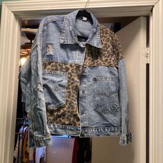 Never Worn, Distressed Denim Jacket With Animal Print Oversized. Very Cute, Not Sure Of The Brand It Came From My Local Boutique. I Need A Medium And Didn’t Get The Other One Back In Time Oversized Denim Outerwear With Patches, Trendy Ripped Outerwear With Relaxed Fit, Trendy Ripped Relaxed Fit Outerwear, Oversized Medium Wash Ripped Outerwear, Oversized Ripped Light Wash Outerwear, Ripped Grunge Outerwear For Fall, Oversized Denim Jacket With Patches, Oversized Grunge Denim Outerwear, Oversized Denim Grunge Outerwear