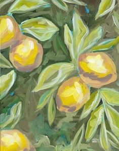 an oil painting of oranges on a tree branch