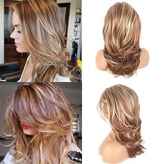 Blonde Wigs for Women Weave Curly Middle Part Wig Medium Length Light Golden Synthetic Hair 16 Inch Women's Fashionable Design Women Synthetic Brown 2023 - kr. 269 Layered Wigs, Highlight Hair, Women Nature, Blonde Highlight, Blonde Layers, Wavy Wigs, Blonde With Pink, Grey Wig, Natural Wigs