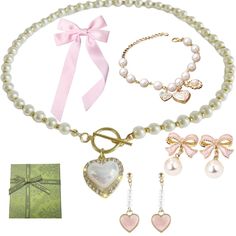 PRICES MAY VARY. 📿 Necklaces Set for Women Trendy - This coquette accessories set for women include 1 piece pearl heart necklace, 1 piece pink hair bow, 2 pieces coquette pearl earrings, 1 piece coquette bracelet, super worthwhile to buy, you can get a matching set of pearl jewelry directly, eliminating the need for tedious selection. This pearl set jewelry for women can meet the needs of multiple occasions. 🎀 The bows hair clip are made from metal clip and soft satin ribbon. Suit for women an Coquette Jewelry Holder, Coquette Things To Buy, Columbian Wedding, Coquette Accessory, Coquette Amazon Finds, Pearl Coquette, Coquette Gifts, Coquette Bracelet, Spanish Clothes