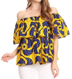 One size regular: Bust 50" (127 cm), Waist 86" ( 218 cm), Length 23" ( 48 cm). US 8-22W, EU 38-52, UK 12-26. Shell: Colorful wax Ankara print on rayon fabric. Care: Wash cold, iron from reverse to preserve vibrant color. Lovely off-shoulder ruffle top. Simple and feminine, this top has the perfect shape for many body types. Can be use on/off shoulder. Comes in unique vibrant colors. A must in any wardrobe. Versatile top that goes great with solid bottoms. Pair it with shorts and sandals for an e Yellow One Shoulder Top For Summer, Colorful Summer Top With Yellow Pattern, Yellow Tops With Colorful Pattern For Summer, Bohemian Off-shoulder Multicolor Tops, Bohemian Multicolor Off-shoulder Tops, Multicolor Off-shoulder Bohemian Tops, Fitted Multicolor One Shoulder Top, Spring Yellow Top With Colorful Pattern, Casual Yellow Off-shoulder Top