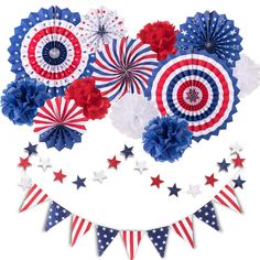 red, white and blue paper fan decorations