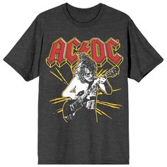 Rock out in style with this ACDC tee. The shirt features an image of a band member playing his guitar in front of a yellow spark under red letters that spell out the rock band's logo. The tee comes in a charcoal heather short sleeve crew neck. ACDC fans will love this comfy t-shirt. Rocker T-shirt With Band Logo, Rock Style T-shirt With Band Logo For Music Festivals, Rock And Roll Band Logo T-shirt For Fans, Rock And Roll Band Logo T-shirt For Music Festivals, Rock Band Logo T-shirt For Fans, Rock Band Logo T-shirt Fan Merchandise, Rocker Band Logo T-shirt With Short Sleeves, Rocker T-shirt With Band Logo And Short Sleeves, Rock And Roll Band Logo T-shirt For Concerts