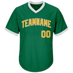 Custom Kelly Green Gold-White Authentic Throwback Rib-Knit Baseball Jersey Shirt Collegiate Baseball Jersey With Letter Print For Team Events, Varsity Baseball Jersey With Team Name For Sports Season, White College Baseball Jersey With Team Logo, Collegiate Baseball Jersey With Team Name, College Team Spirit White Baseball Jersey, White Baseball Jersey With Team Logo For College, White Baseball Jersey With Team Name For Game Day, White Team Spirit Baseball Jersey For Sports Events, White Baseball Jersey With Team Name